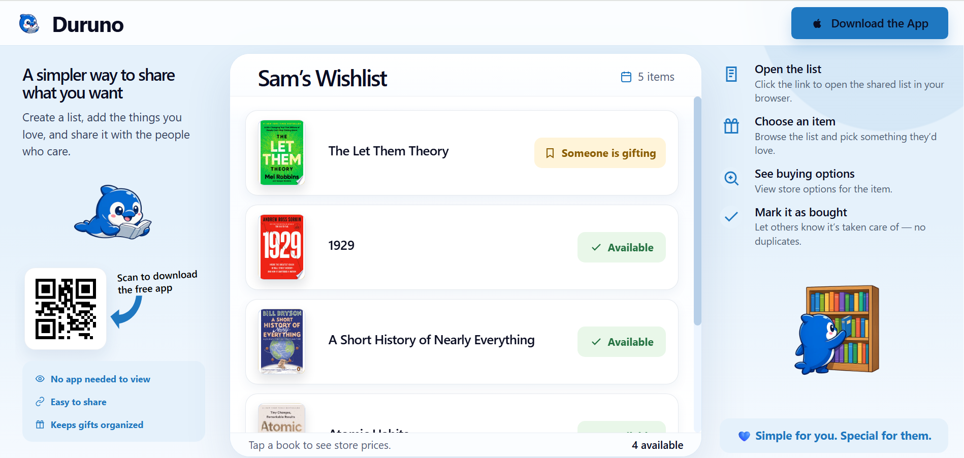 Shared gift list webpage screenshot